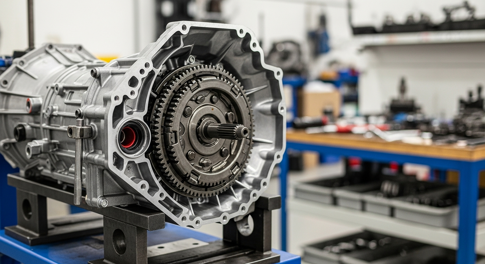 Automatic transmission mounted on a rebuild stand